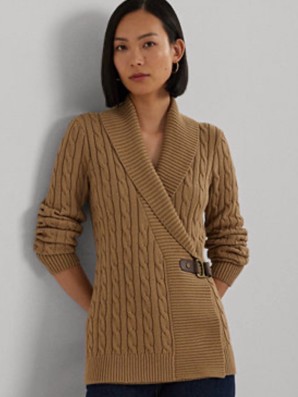 Lauren Ralph Lauren Cable Knit Buckle Sweater Cardigan Camel Tan NWT Size Small